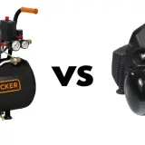 Porównanie: kompresor olejowy czy bezolejowy? Dwa urządzenia Black+Decker, jedno z widocznym manometrem, drugie bardziej kompaktowe.