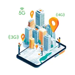 Wizualizacja pokazuje miasto z wieżowcami, mapę na ekranie smartfona i ikony 3G, 4G, 5G. Kto operator ma najlepszy zasięg?