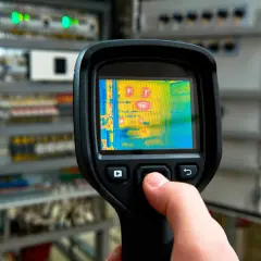 Ręka trzyma kamerę termowizyjną, która pokazuje rozkład temperatur w szafie elektrycznej.