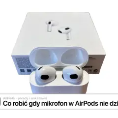AirPods w etui, obok pudełka. Dowiedz się, jak połączyć AirPods z Windowsem, gdy mikrofon nie działa.