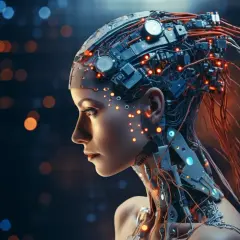 Profil kobiety-robota z widocznymi obwodami i świecącymi diodami, zapowiedź, kiedy sztuczna inteligencja przejmie świat.