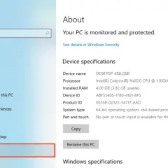 Jak sprawdzić podzespoły komputera? Widok ustawień "Informacje" pokazuje specyfikacje urządzenia: procesor Intel Celeron, 4 GB RAM.