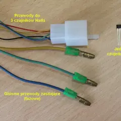 Trzy przewody zasilające i wiązka do 3 czujników Halla, jeden z nich widoczny obok.
