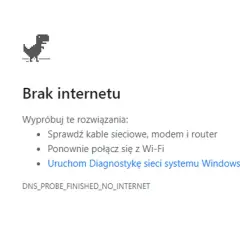 Dinozaur z gry w przeglądarce skacze, bo jest brak internetu. Wyświetlono komunikat o problemach z połączeniem i sugestie rozwiązań.