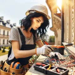 Elektryk z uprawnieniami SEP do 1kV pracuje przy instalacji elektrycznej na zewnątrz budynku.