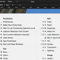 Menu Pixelmator z listą funkcji i ich skróty klawiszowe. Używaj skrótów klawiszowych, by pracować szybciej!