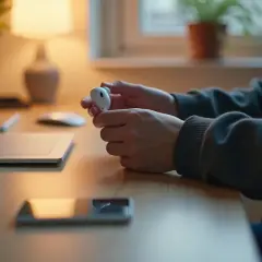 Osoba trzyma białe słuchawki, gotowa by połączyć AirPods z laptopem. Na biurku leży telefon i myszka.