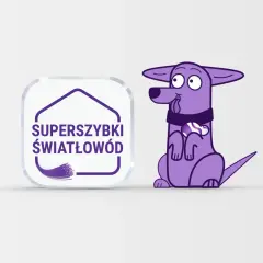 Fioletowy piesek z kością na szyi obok logo "Superszybki światłowód" z technologią GPON.