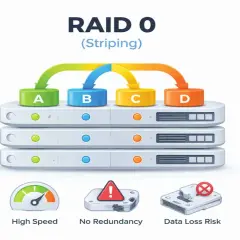 Schemat RAID 0 (Striping) pokazuje dane rozłożone na dyski A, B, C, D. Zapewnia wysoką prędkość, ale brak redundancji i ryzyko utraty danych.