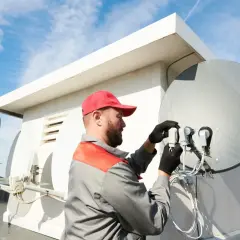 Technik w czerwonej czapce reguluje konwerter anteny satelitarnej. To kluczowy etap, jak zrobić antenę satelitarną, by odbierać sygnał.