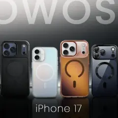 Sześć modeli iPhone 17 w różnych kolorach, każdy z widocznym logo Apple i okręgiem MagSafe.