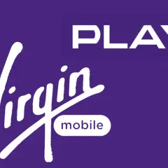 Logo Virgin Mobile i Play na fioletowym tle. Virgin Mobile to marka telekomunikacyjna.