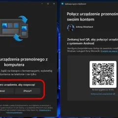 Aplikacja "Łącze z telefonem" pokazuje, jak połączyć telefon z wieżą przez bluetooth. Wybierz Android lub iPhone, by rozpocząć. Po prawej zeskanuj kod QR.
