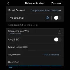 Ustawienia sieci WiFi, gdzie można zmienić hasło do routera Orange. Widoczna nazwa sieci (SSID) i klucz sieci.