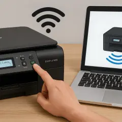 Ręka naciska przycisk na drukarce Brother, pokazując, jak znaleźć drukarkę w sieci Wi-Fi. Laptop obok wyświetla ikonę drukarki z falami Wi-Fi.