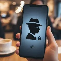 Telefon w trybie incognito. Ikona detektywa z kłódką i przekreślonym okiem symbolizuje prywatność i bezpieczeństwo w sieci.