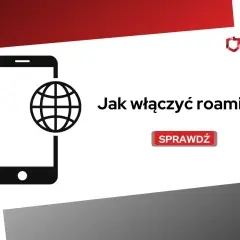 Grafika z ikoną telefonu i globusem. Tekst: "Jak włączyć roaming?". Dowiedz się, jak sprawdzić roaming w Plusie.