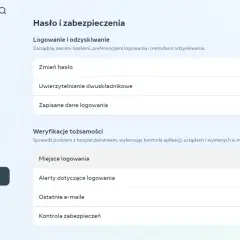 Ustawienia "Hasło i zabezpieczenia" w Centrum kont Meta. Znajdziesz tu opcje dotyczące logowania, jak wylogować się z Messengera, zmiany hasła i weryfikacji tożsamości.