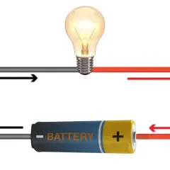Schemat obwodu elektrycznego z żarówką i baterią. Strzałki pokazują przepływ prądu, ilustrując napięcie.