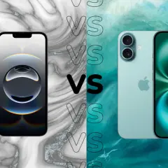 Porównanie iPhone 15 vs 16: dwa modele telefonów Apple na tle marmuru i turkusowej wody.