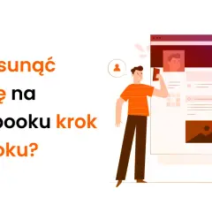 Jak usunąć stronę na Facebooku krok po kroku? Ilustracja pokazuje mężczyznę korzystającego z telefonu przy interfejsie strony.