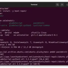 Instalacja pakietu boot-repair w terminalu. Wymaga on m.in. boot-sav i glade2script.