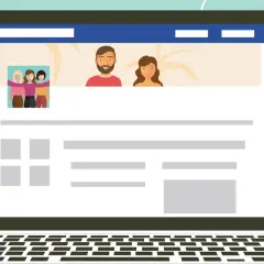Ilustracja przedstawia ekran laptopa z profilem strony na FB. Dowiedz się, jak zmienić nazwę strony na FB, aby odzwierciedlała Twoją markę.