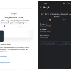 Proces odzyskiwania konta Google: wpisywanie hasła, weryfikacja na telefonie i potwierdzenie tożsamości.