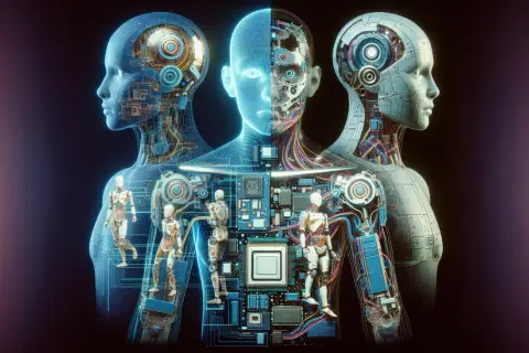 Trzy humanoidalne postacie, jedna z nich połówka ludzka, połówka mechaniczna, ukazują złożoność interakcji człowiek-komputer (HCI) i postęp w dziedzinie sztucznej inteligencji.
