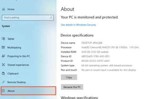 Jak sprawdzić podzespoły komputera? Widok ustawień "Informacje" pokazuje specyfikacje urządzenia: procesor Intel Celeron, 4 GB RAM.