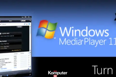 Interfejs Windows Media Player 11 z listą utworów i logo Windows.