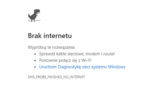 Dinozaur z gry w przeglądarce skacze, bo jest brak internetu. Wyświetlono komunikat o problemach z połączeniem i sugestie rozwiązań.