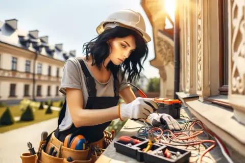 Elektryk z uprawnieniami SEP do 1kV pracuje przy instalacji elektrycznej na zewnątrz budynku.