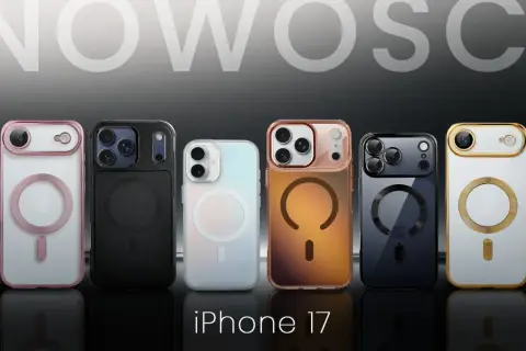 Sześć modeli iPhone 17 w różnych kolorach, każdy z widocznym logo Apple i okręgiem MagSafe.