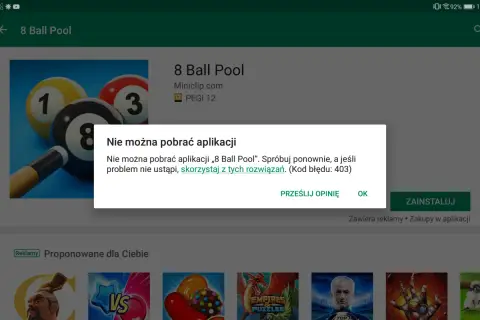 Błąd podczas próby instalacji gry 8 Ball Pool. Sprawdź, jak zainstalować Sklep Play, jeśli problem nie ustąpi.