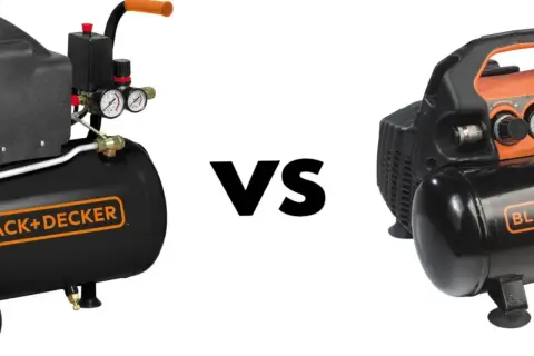 Porównanie: kompresor olejowy czy bezolejowy? Dwa urządzenia Black+Decker, jedno z widocznym manometrem, drugie bardziej kompaktowe.