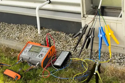 Przyrząd do pomiaru rezystancji izolacji podłączony do przewodów. Wynik 221Ω widoczny na ekranie.
