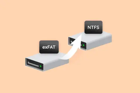 Strzałka wskazuje migrację danych z exFAT na dysk NTFS.