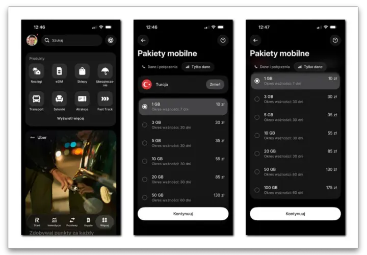 Aplikacja mobilna oferuje pakiety danych do internetu w Turcji. Dostępne są różne opcje, od 1 GB na 7 dni do 100 GB na 60 dni.
