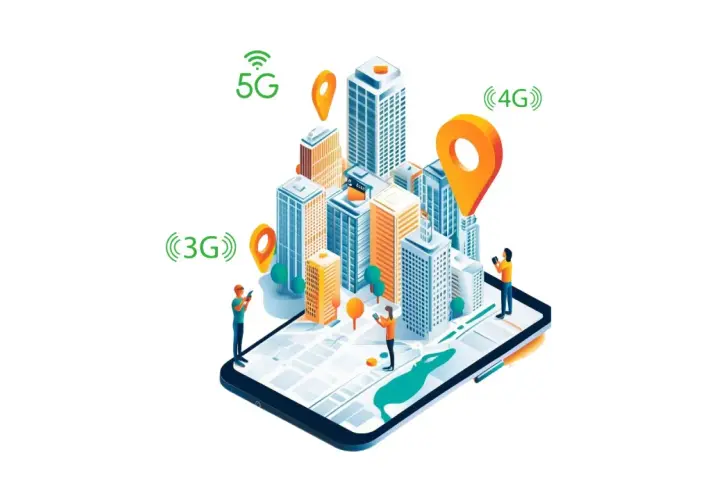 Wizualizacja pokazuje miasto z wieżowcami, mapę na ekranie smartfona i ikony 3G, 4G, 5G. Kto operator ma najlepszy zasięg?