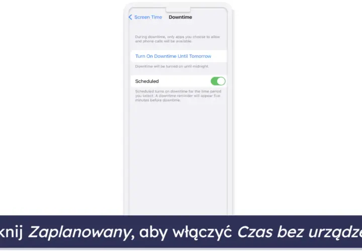 Kontrola rodzicielska iPhone: włącz "Zaplanowany" Czas bez urządzenia, aby ustawić przerwy od telefonu.
