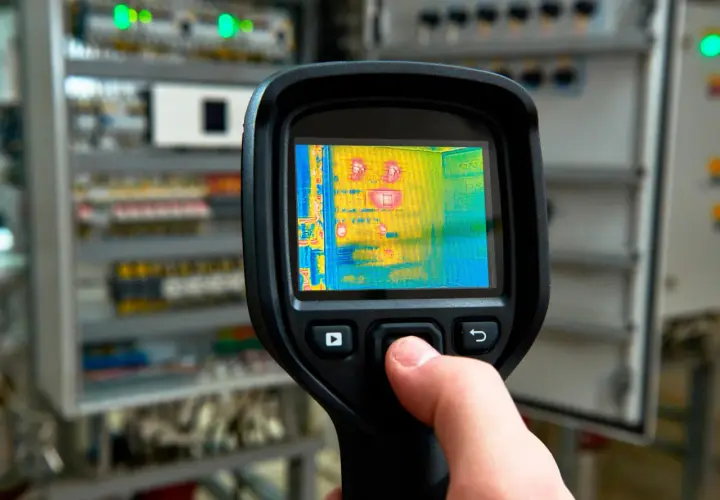 Ręka trzyma kamerę termowizyjną, która pokazuje rozkład temperatur w szafie elektrycznej.