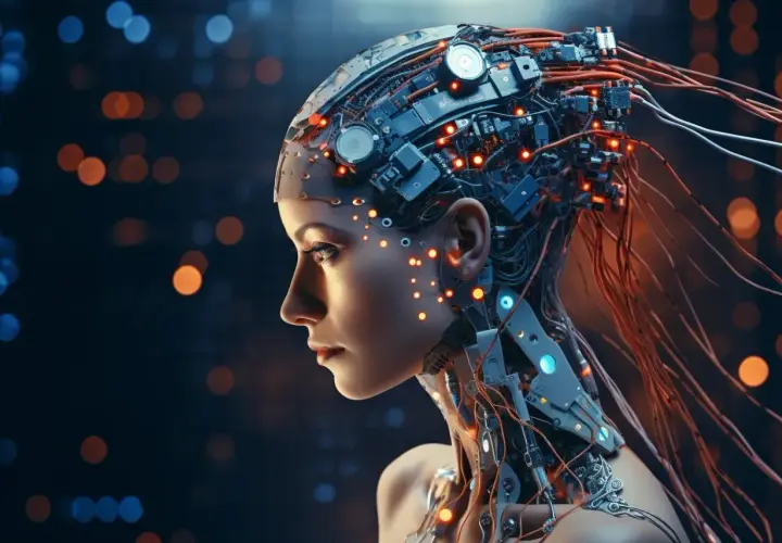 Profil kobiety-robota z widocznymi obwodami i świecącymi diodami, zapowiedź, kiedy sztuczna inteligencja przejmie świat.