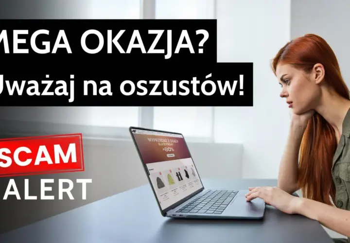 Kobieta patrzy na laptopa z ofertą "Black Friday -80%". Napisy "MEGA OKAZJA? Uważaj na oszustów!" i "SCAM ALERT" ostrzegają przed oszustwami w promocji elektronicznej.