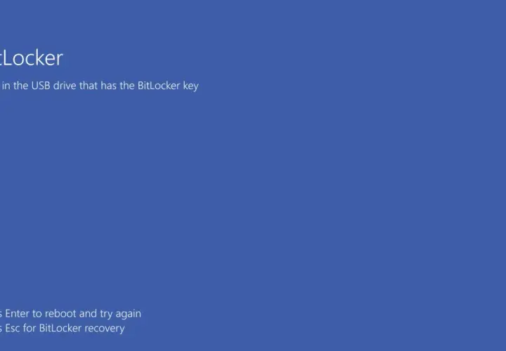Ekran BitLocker prosi o podłączenie pendrive'a z kluczem odzyskiwania. Naciśnij Enter, by spróbować ponownie, lub Esc dla odzyskiwania BitLocker.