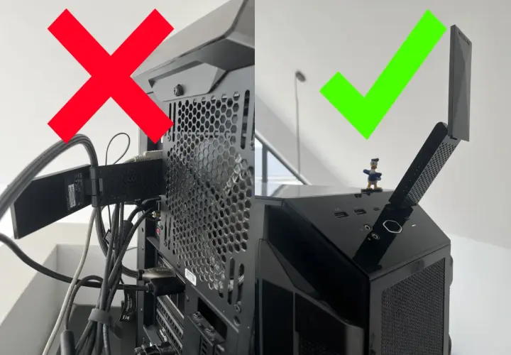 Złe ustawienie anten routera (czerwony X) vs. dobre ustawienie (zielony V). Dowiedz się, jak ustawić anteny routera dla lepszego sygnału.