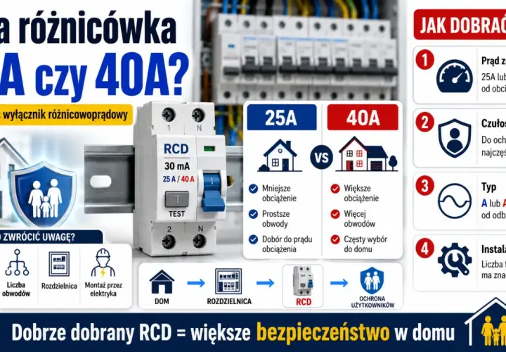 Porównanie wyłączników RCD 25A i 40A. Kluczowe cechy: prąd znamionowy, czułość, typ i instalacja. Dobry RCD to bezpieczeństwo w domu.