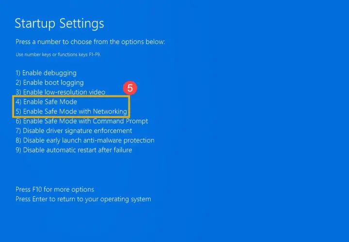 Ekran ustawień startowych Windows 11. Wybierz opcję 4) Włącz tryb awaryjny, aby rozwiązać problemy z systemem.