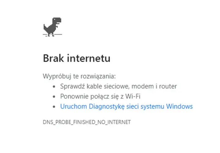 Dinozaur z gry w przeglądarce skacze, bo jest brak internetu. Wyświetlono komunikat o problemach z połączeniem i sugestie rozwiązań.