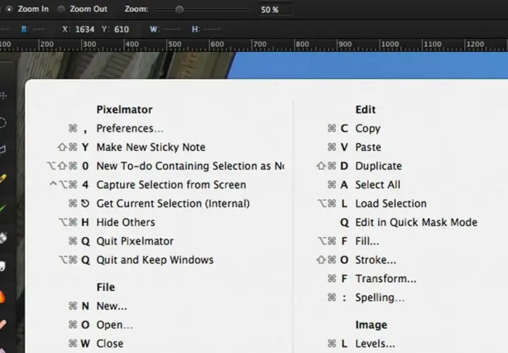 Menu Pixelmator z listą funkcji i ich skróty klawiszowe. Używaj skrótów klawiszowych, by pracować szybciej!